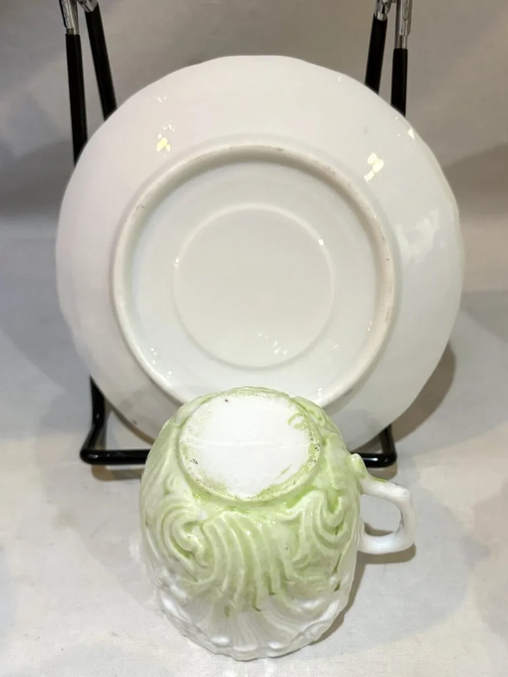 Antique Porcelain Teacup and Saucer Set Embossed Floral Aqua Blue Mint Green